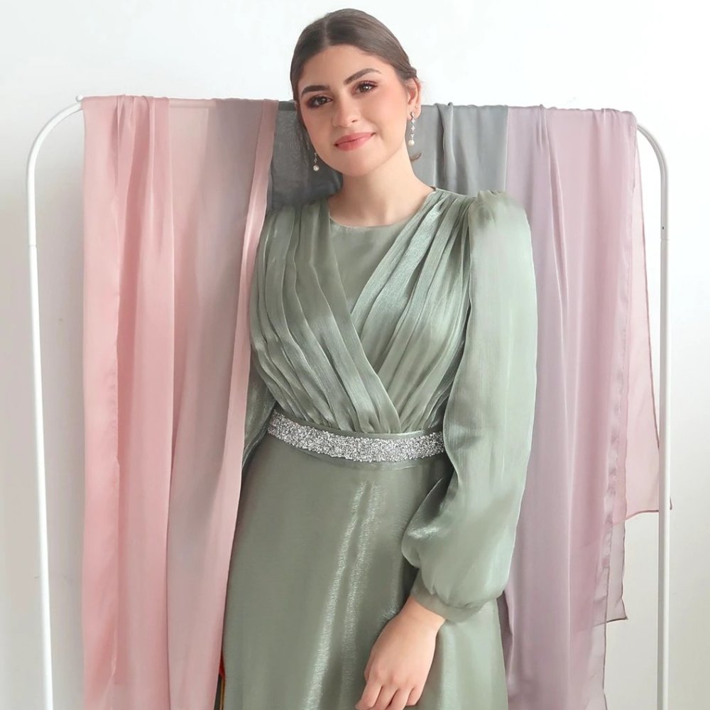Esma Sage Green Shimmering Belted Gown